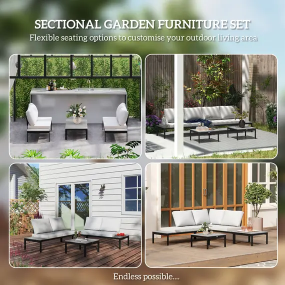 Buy Outsunny Four-Piece Garden Corner Sofa Set with 2 Loveseats and 2 Coffee Tables - Grey, 4 image