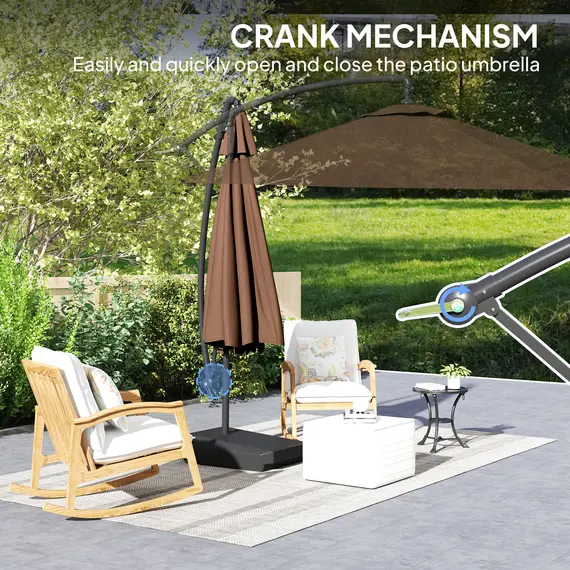 Buy Outsunny 3(m) Garden Cantilever Parasol with Fillable Base up to 90kg, Wind Protection Strap, Cover, Round Banana Hanging Umbrella with Crank Handle and Tilt, UPF50+ Patio Umbrella, Brown, 9 image