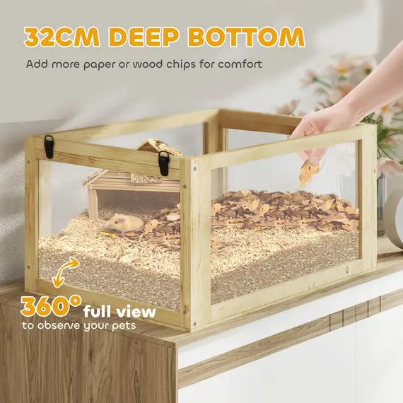 Buy Wooden Hamster Cage with Detachable 32cm Deep Bottom, Hut, Seesaw, Exercise Wheel, Ramp, 60 x 40 x 75cm, Natural, 5 image