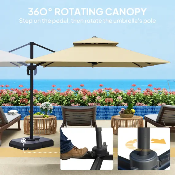 Buy Outsunny 2.7 x 2.7 m Cantilever Parasol with Aluminium Frame, Crank and Tilt, 360-Degree Rotation, Double Top Garden Umbrella with Base and Cover, Khaki, 4 image