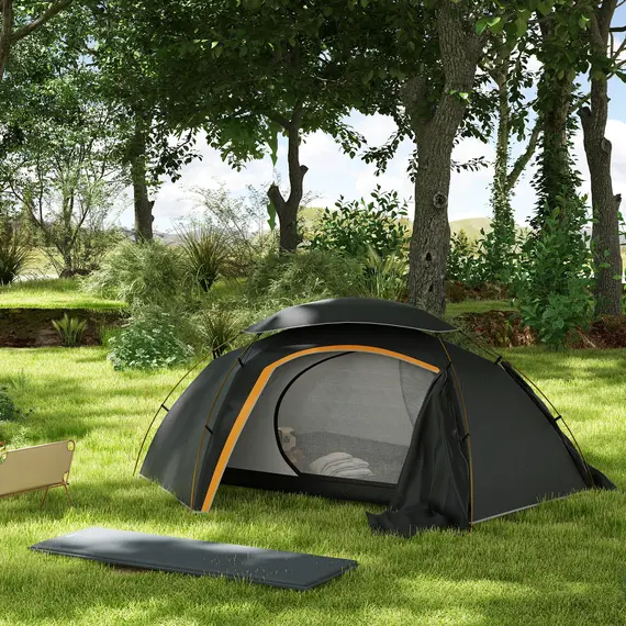 Buy Camping Tent with Self Inflatable Mattress, 1 Person Dome Tent with Removable Rainfly and Aluminium Frame, 2000mm Waterproof, Portable with Bags, for Fishing Hiking, Dark Grey/Grey, 2 image