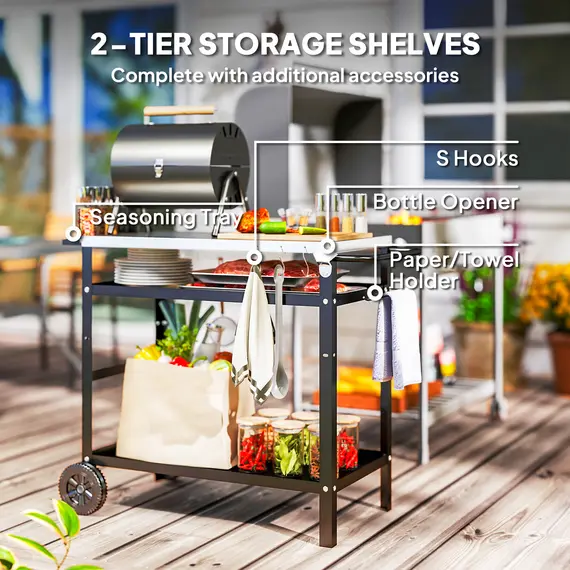 Buy Outsunny BBQ Trolley with Stainless Steel Top Adjustable Shelf, Outdoor Kitchen Barbecue Station with Hooks Seasoning Tray Towel Rack, Pizza Oven Table Movable Grill Dining Cart with Cover, Black, 5 image