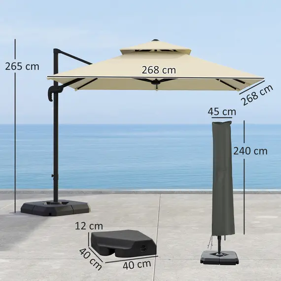 Buy Outsunny 2.7 x 2.7 m Cantilever Parasol with Aluminium Frame, Crank and Tilt, 360-Degree Rotation, Double Top Garden Umbrella with Base and Cover, Khaki, 3 image