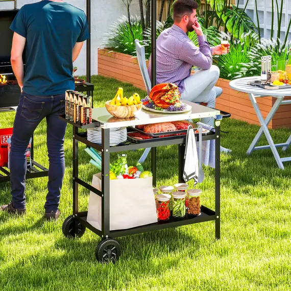 Buy Outsunny BBQ Trolley with Stainless Steel Top Adjustable Shelf, Outdoor Kitchen Barbecue Station with Hooks Seasoning Tray Towel Rack, Pizza Oven Table Movable Grill Dining Cart with Cover, Black, 2 image