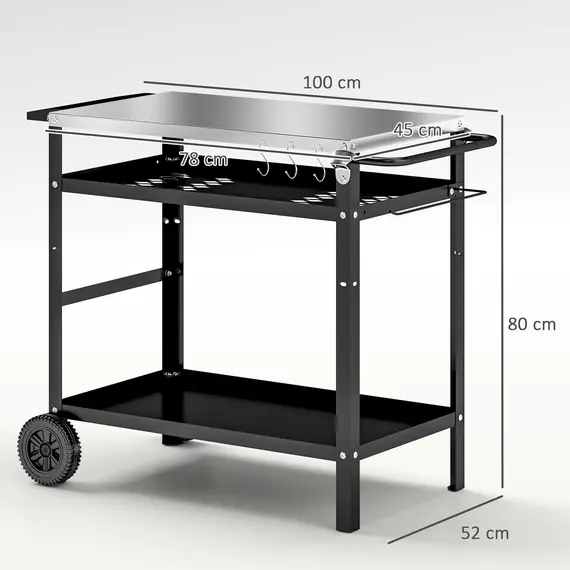 Buy Outsunny BBQ Trolley with Stainless Steel Top Adjustable Shelf, Outdoor Kitchen Barbecue Station with Hooks Seasoning Tray Towel Rack, Pizza Oven Table Movable Grill Dining Cart with Cover, Black, 3 image