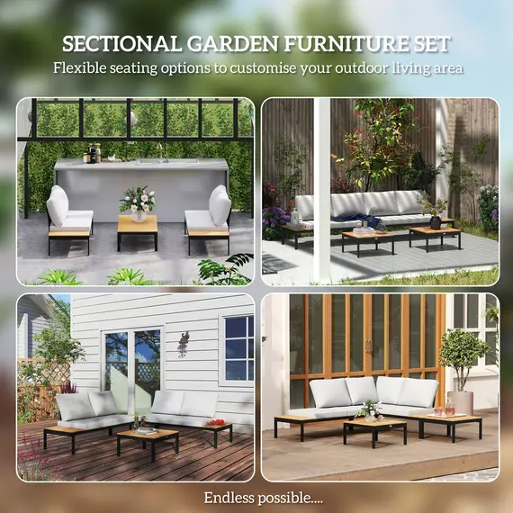 Buy Outsunny Four-Piece Garden Corner Sofa Set with 2 Loveseats and 2 Coffee Tables - Teak, 4 image