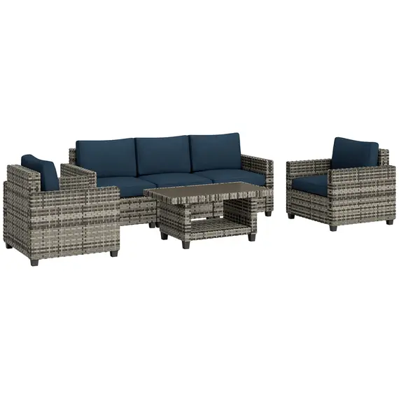 Buy Outsunny Six-Piece Modular Rattan Sofa Set - Navy Blue