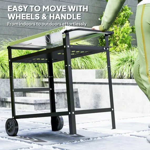 Buy Outsunny BBQ Trolley with Stainless Steel Top Adjustable Shelf, Outdoor Kitchen Barbecue Station with Hooks Seasoning Tray Towel Rack, Pizza Oven Table Movable Grill Dining Cart with Cover, Black, 7 image