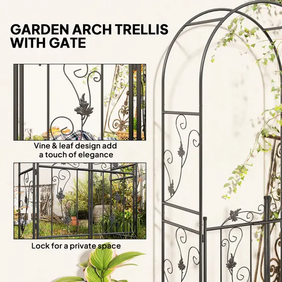 Buy 2.17m Steel Garden Arch with Gate, Wedding Arch for Outdoor, Garden, 107W x 45D x 217H cm Black, 4 image