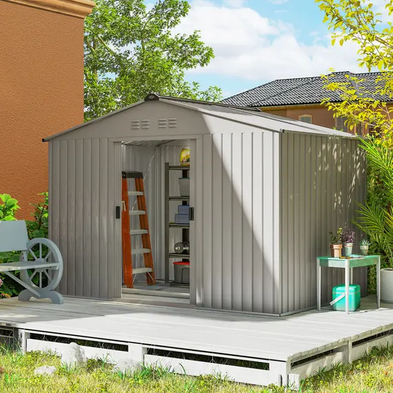 Buy Outsunny Garden Storage Shed, Metal Outdoor Storage Shed House with Foundation Kit, Ventilation, Doors, 9 x 6FT, Grey, 2 image
