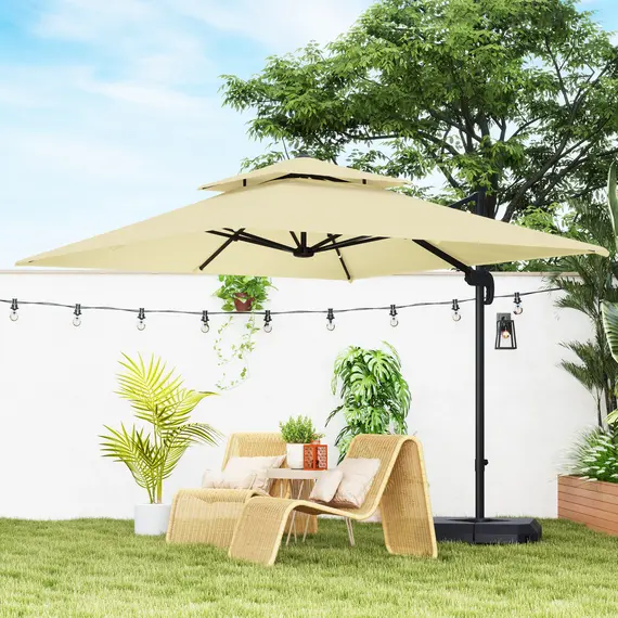 Buy Outsunny 2.7 x 2.7 m Cantilever Parasol with Aluminium Frame, Crank and Tilt, 360-Degree Rotation, Double Top Garden Umbrella with Base and Cover, Khaki, 2 image