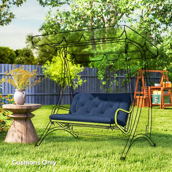 Buy 2 Seater Bench Pad, Garden Chair Cushion with Back and Ties for Indoor and Outdoor Use, 98 x 100 cm, Dark Blue, 2 image