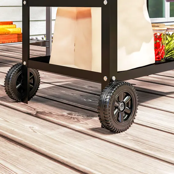 Buy Outsunny BBQ Trolley with Stainless Steel Top Adjustable Shelf, Outdoor Kitchen Barbecue Station with Hooks Seasoning Tray Towel Rack, Pizza Oven Table Movable Grill Dining Cart with Cover, Black, 9 image