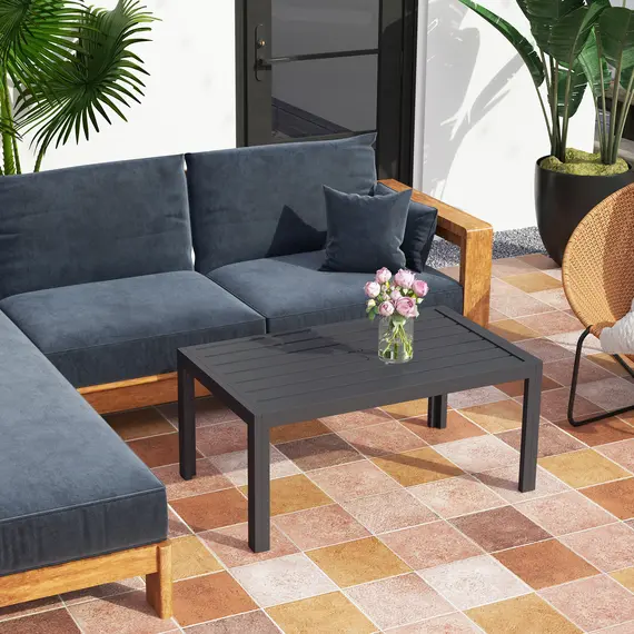 Buy Outdoor Side Table, Rectangular Patio Coffee Side Table with Steel Frame and Slat Tabletop for Garden, Balcony, Grey, 7 image