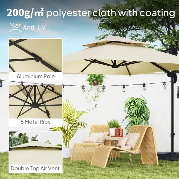 Buy Outsunny 2.7 x 2.7 m Cantilever Parasol with Aluminium Frame, Crank and Tilt, 360-Degree Rotation, Double Top Garden Umbrella with Base and Cover, Khaki, 6 image