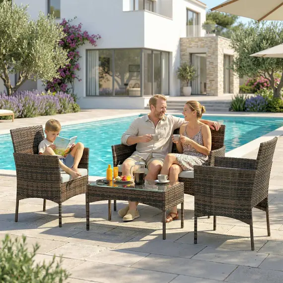 Buy 4 Piece Rattan Garden Furniture Sofa Set with Loveseat, Armchairs, Glass-Top Coffee Table and Cushions, Brown, 8 image
