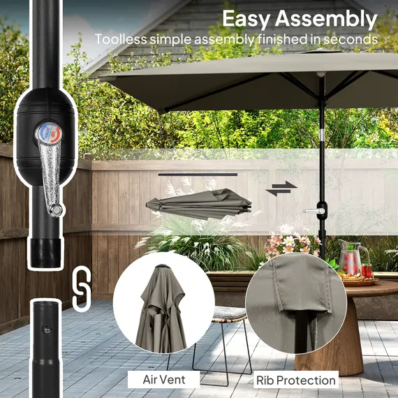 Buy Outsunny 3x2m Garden Parasol Umbrella with Aluminium Pole, Tilt and Crank, Rectangular Outdoor Table Parasol Sun Shade for Patio, Light Grey, 6 image