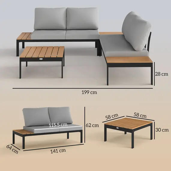 Buy Outsunny Four-Piece Garden Corner Sofa Set with 2 Loveseats and 2 Coffee Tables - Teak, 3 image