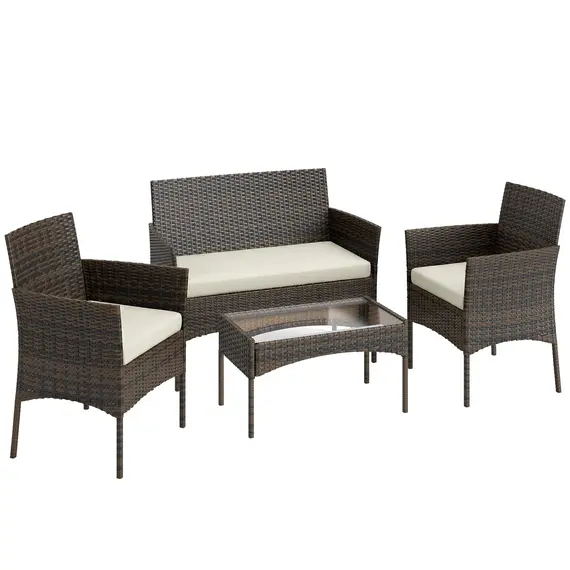 Buy 4 Piece Rattan Garden Furniture Sofa Set with Loveseat, Armchairs, Glass-Top Coffee Table and Cushions, Brown