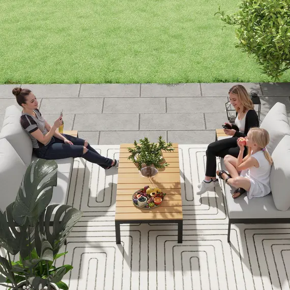 Buy Outsunny Four-Piece Garden Corner Sofa Set with 2 Loveseats and 2 Coffee Tables - Teak, 8 image