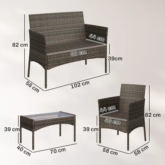 Buy 4 Piece Rattan Garden Furniture Sofa Set with Loveseat, Armchairs, Glass-Top Coffee Table and Cushions, Brown, 3 image