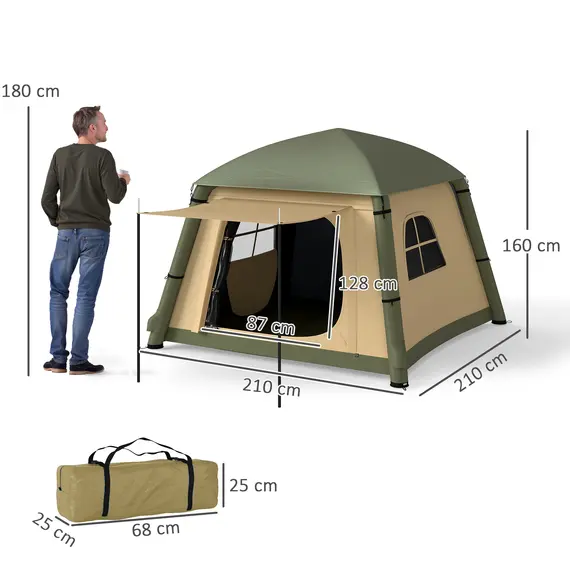 Buy Inflatable Camping Tent w/ Hand Pump, Easy Setup 1/2 Person Blow Up Tent Waterproof 190T Taffeta w/ Mesh Windows, Doors and Carry Bag, Brown, 3 image