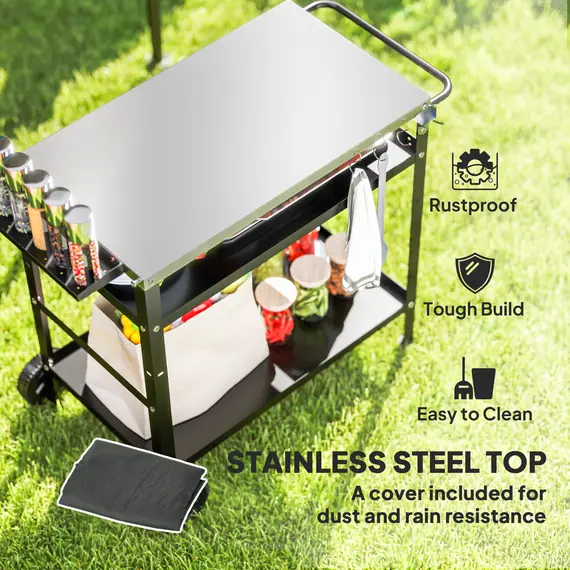 Buy Outsunny BBQ Trolley with Stainless Steel Top Adjustable Shelf, Outdoor Kitchen Barbecue Station with Hooks Seasoning Tray Towel Rack, Pizza Oven Table Movable Grill Dining Cart with Cover, Black, 4 image