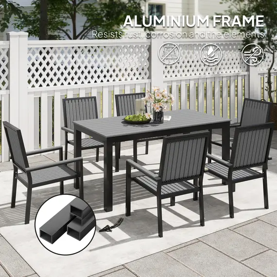 Buy Outsunny 6 Seater Garden Dining Set with Stackable Chairs, Aluminium Frame, Rectangular Plastic Top, Garden Furniture Set, Outdoor Dining Table and Chairs for Patio, Balcony, Poolside, Grey, 4 image