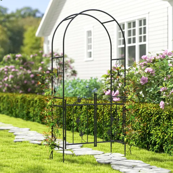 Buy 2.17m Steel Garden Arch with Gate, Wedding Arch for Outdoor, Garden, 107W x 45D x 217H cm Black, 9 image