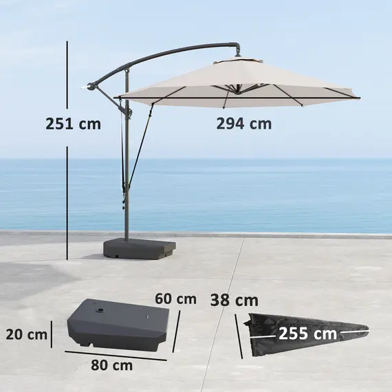 Buy Outsunny 3(m) Garden Cantilever Parasol with Fillable Base up to 90kg, Wind Protection Strap, Cover, Round Banana Hanging Umbrella with Crank Handle and Tilt, UPF50+ Patio Umbrella, Cream, 3 image