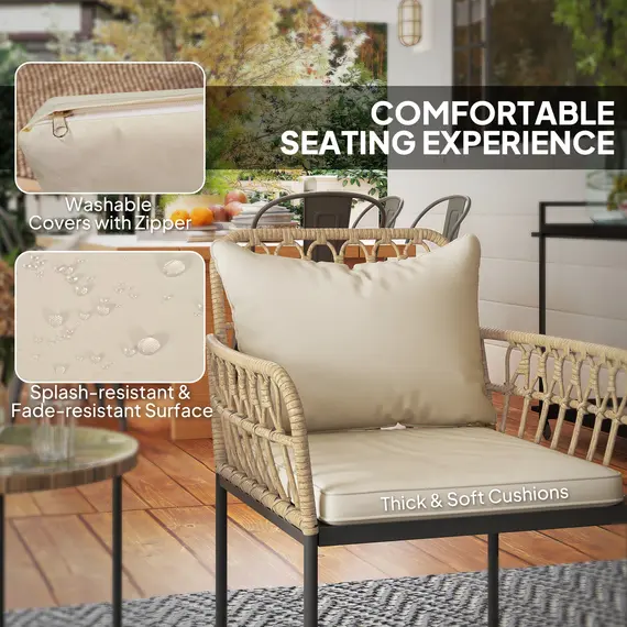 Buy 3 Piece Rattan Bistro Set, Wicker Garden Furniture Set with Cushions, Glass Top Coffee Table and Chairs for Outdoor, Patio, Balcony, Beige, 5 image