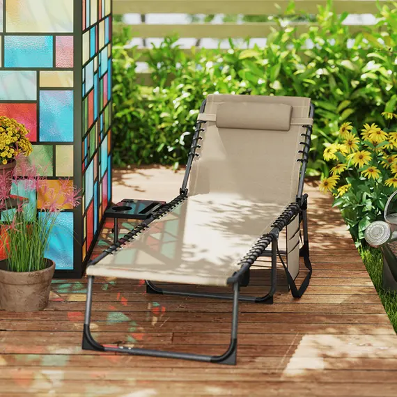 Buy Outsunny Five-Position Reclining Sun Lounger - Beige, 7 image