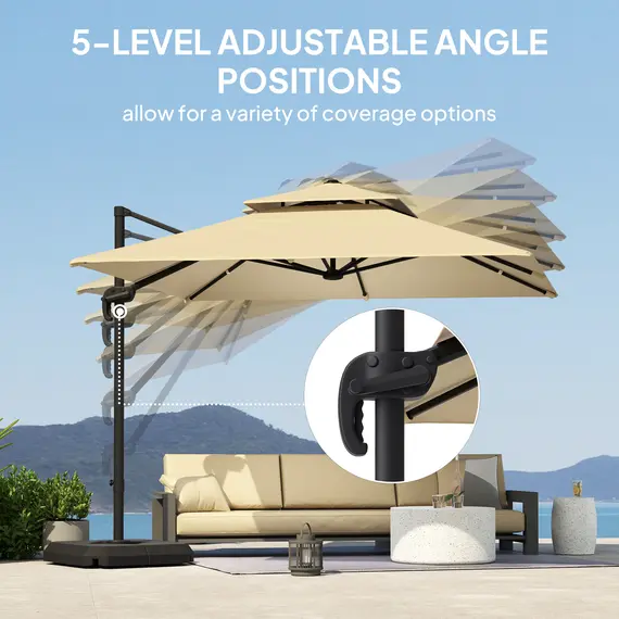 Buy Outsunny 2.7 x 2.7 m Cantilever Parasol with Aluminium Frame, Crank and Tilt, 360-Degree Rotation, Double Top Garden Umbrella with Base and Cover, Khaki, 5 image