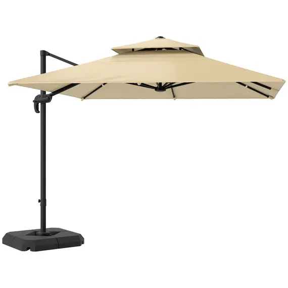 Buy Outsunny 2.7 x 2.7 m Cantilever Parasol with Aluminium Frame, Crank and Tilt, 360-Degree Rotation, Double Top Garden Umbrella with Base and Cover, Khaki