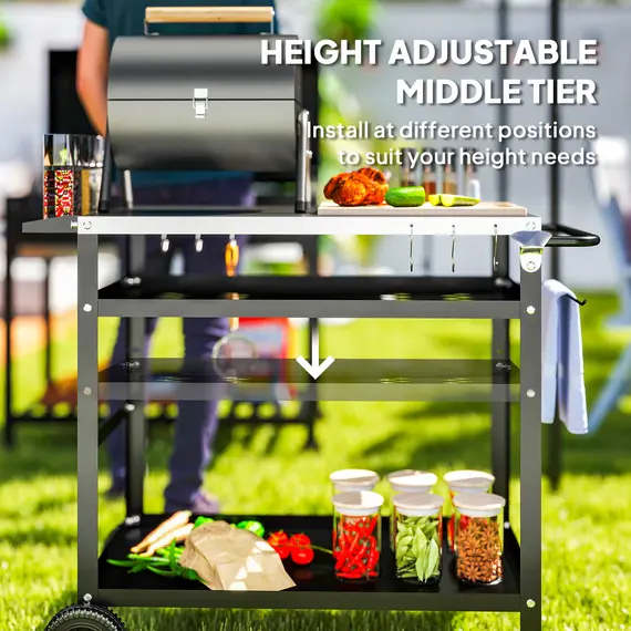 Buy Outsunny BBQ Trolley with Stainless Steel Top Adjustable Shelf, Outdoor Kitchen Barbecue Station with Hooks Seasoning Tray Towel Rack, Pizza Oven Table Movable Grill Dining Cart with Cover, Black, 6 image