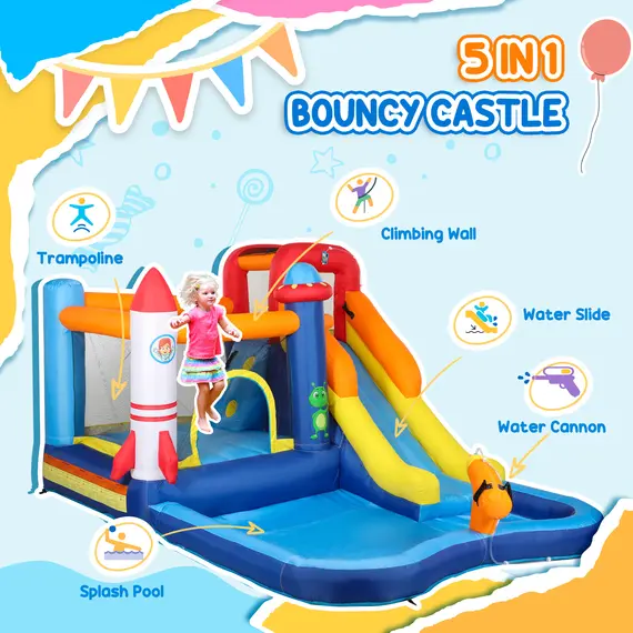 Buy 5 in 1 Bouncy Castle for Children with 550W Blower, Water Slide, Splash Pool, Jumping Area, Climbing Wall, Cannon, 4 image