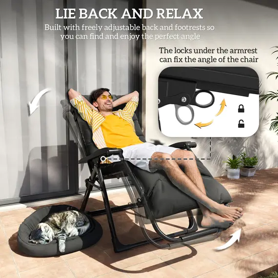 Buy Outsunny 2 Piece Reclining Zero Gravity Sun Loungers with Cushions, Black, 4 image