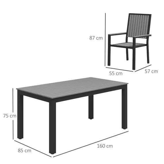 Buy Outsunny 6 Seater Garden Dining Set with Stackable Chairs, Aluminium Frame, Rectangular Plastic Top, Garden Furniture Set, Outdoor Dining Table and Chairs for Patio, Balcony, Poolside, Grey, 3 image