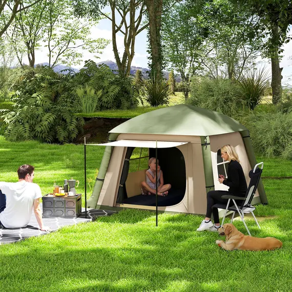 Buy Inflatable Camping Tent w/ Hand Pump, Easy Setup 1/2 Person Blow Up Tent Waterproof 190T Taffeta w/ Mesh Windows, Doors and Carry Bag, Brown, 2 image