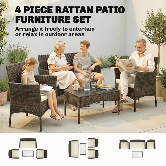 Buy 4 Piece Rattan Garden Furniture Sofa Set with Loveseat, Armchairs, Glass-Top Coffee Table and Cushions, Brown, 4 image
