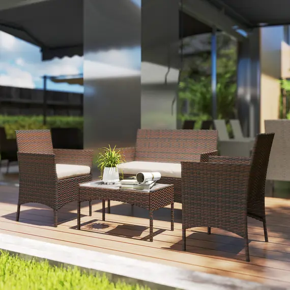 Buy 4 Piece Rattan Garden Furniture Sofa Set with Loveseat, Armchairs, Glass-Top Coffee Table and Cushions, Brown, 2 image