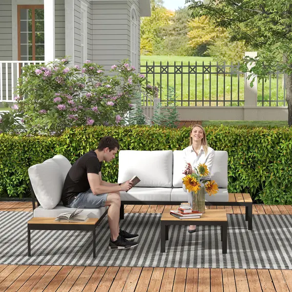 Buy Outsunny Four-Piece Garden Corner Sofa Set with 2 Loveseats and 2 Coffee Tables - Teak, 9 image