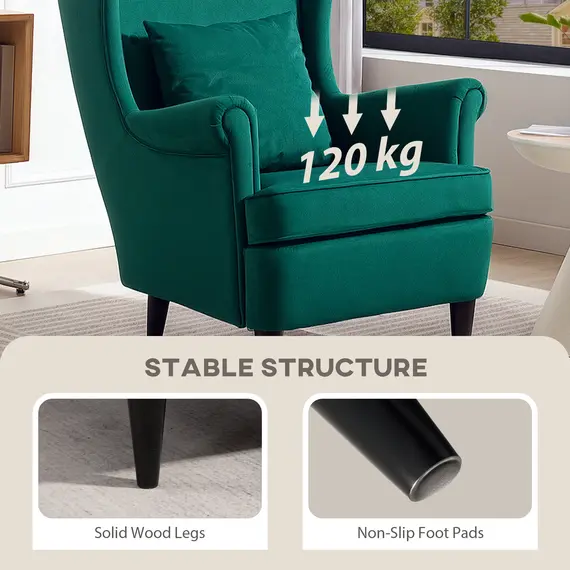 Buy Modern Accent Chair, Upholstered Wingback Armchair with High Backrest and Pillow, Velvet-Feel Fabric Reading Chair with Solid Wood Legs for Living Room, Bedroom, Home Office, Dark Green, 5 image