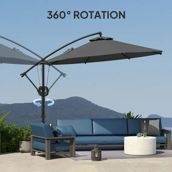 Buy Outsunny 3(m) Garden Cantilever Parasol with Cover and Wind Protection Strap, Round Overhanging Umbrella with Crank Handle and Tilt, Banana Patio Umbrella for Outdoor Sun Shade, UPF50+, Grey, 7 image