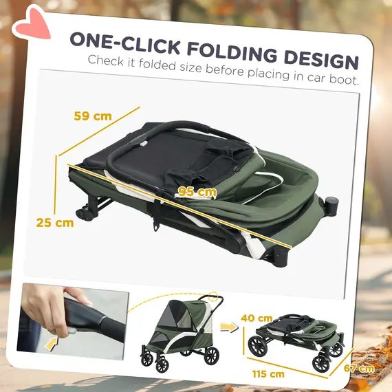 Buy Foldable Pet Stroller for Large Dogs with Four Big Wheels, Shock-Absorbing Frame, Safety Leashes, Brakes, Dark Green, 5 image