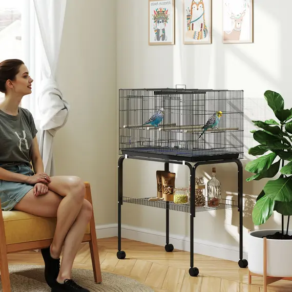 Buy Bird Cage with Divider, 4 Wooden Perches, Slide Out Tray, 4 Feeders, for Budgie, Lovebird, Canary, 76 x 46 x 116cm Black, 2 image