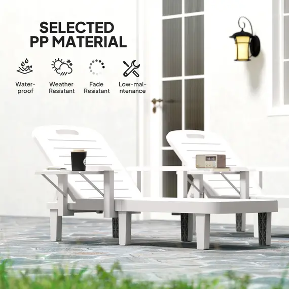 Buy Outsunny Set of 2 Resin Reclining Sun Loungers for Garden, 5 Positions Adjustable Outdoor Chaise Lounge Chairs with Wood Texture Surface, Armrests, Foldable Side Table for Garden, Beach, White, 6 image