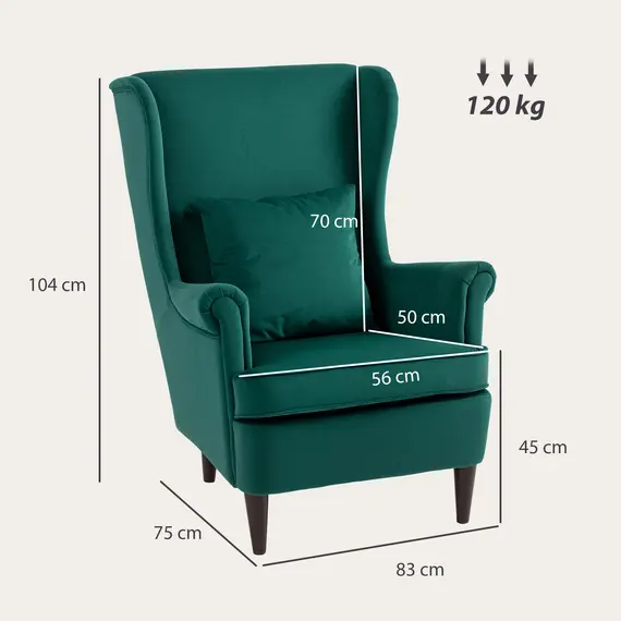 Buy Modern Accent Chair, Upholstered Wingback Armchair with High Backrest and Pillow, Velvet-Feel Fabric Reading Chair with Solid Wood Legs for Living Room, Bedroom, Home Office, Dark Green, 3 image