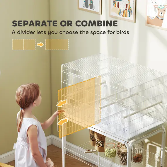 Buy Bird Cage with Divider, 4 Wooden Perches, Slide Out Tray, 4 Feeders, for Budgie, Lovebird, Canary, 76 x 46 x 116cm White, 4 image