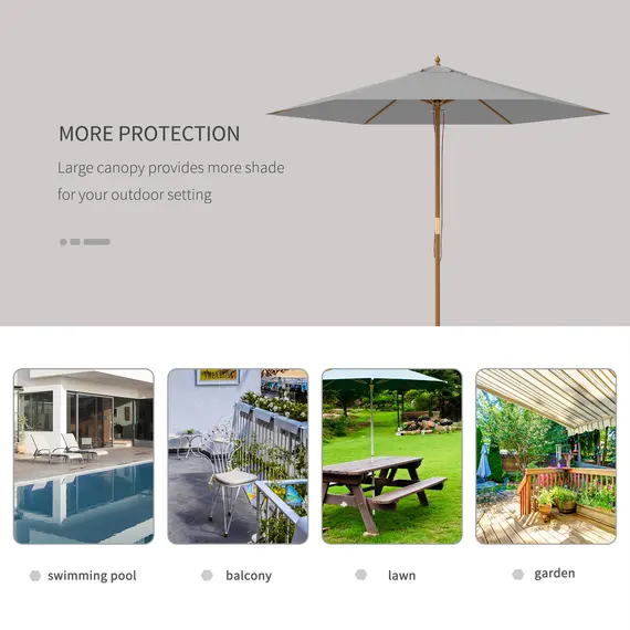 Buy Outsunny 2.5m Wood Garden Parasol Sun Shade Patio Outdoor Wooden Umbrella Canopy, Table Market Umbrella with Vent, 38mm Pole, Rope Pulley Mechanism, Light Grey, 6 image
